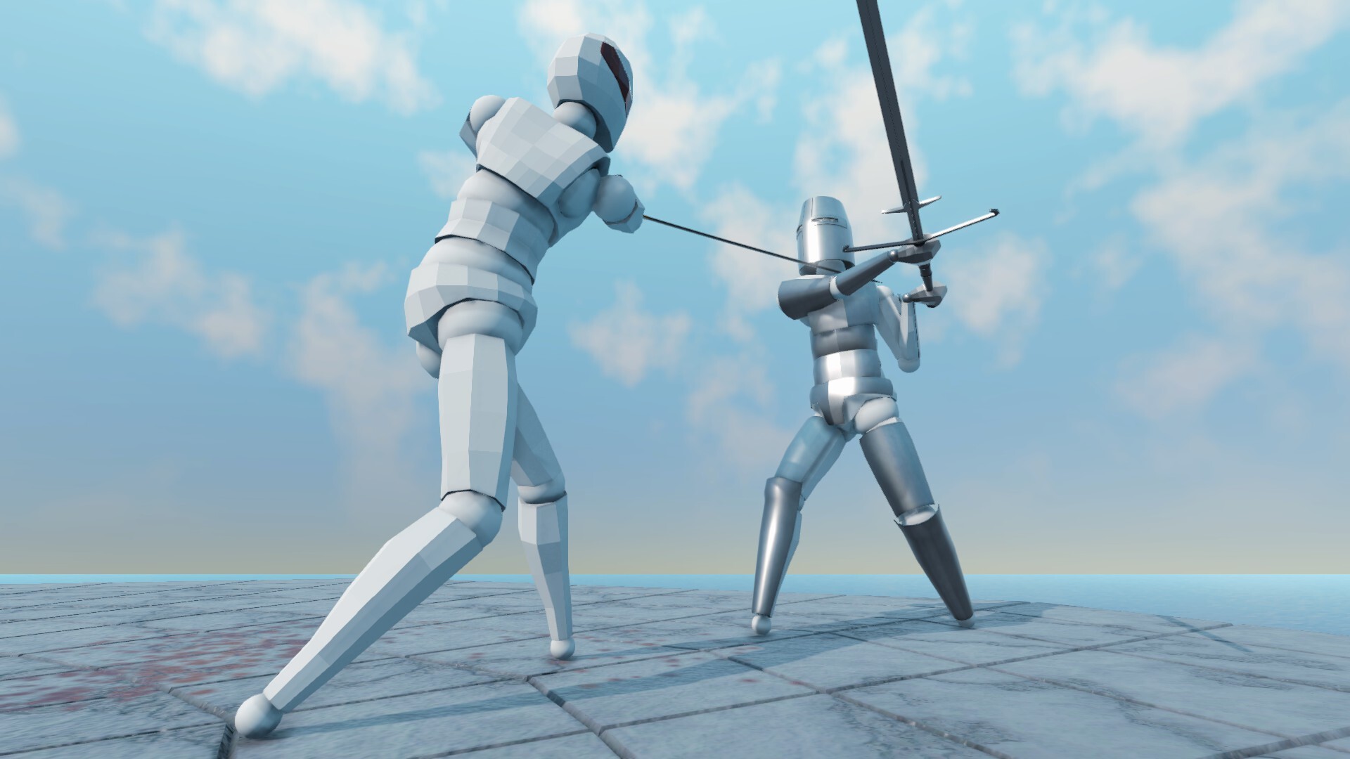 Gladio Mori fighters clashing with weapons and armour in slow-motion combat